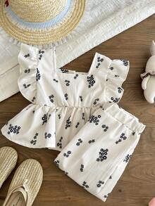 SHEIN 女婴可爱两件套上衣和裤子，黑色花卉图案，全身饰有3D蝴蝶结，荷叶边袖口 - 杏色 - 查看 4