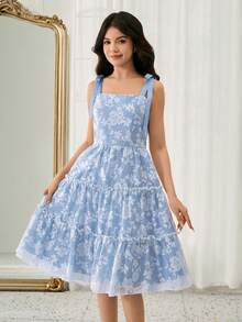 优雅碎花公主裙，无袖，方领，中长款，时尚少女连衣裙 - 藍色 - 查看 4