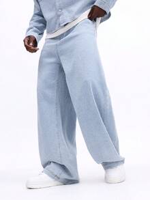 SUMWON 阔腿牛仔裤，卷边裤脚，侧边口袋，经典宽松版型，全长休闲日常下装，纯色 - 藍色 - 查看 4