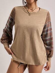 Freevana Áo chui đầu cổ tròn kẻ sọc bohemian cỡ lớn, phong cách miền Tây cổ điển, màu kaki, áo nữ đầu xuân, tay dài - Màu Khaki - Xem 5