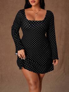 Rustia Plus Size Women's New Black Polka Dot Print Flare Sleeve Bodycon Mini Dress With Belt And Backless Design, Romantic Dress, Party Outfit, Elegant, Black Elegant, Fashionable Autumn/Winter, Gothic Style - Multicolor - View 4