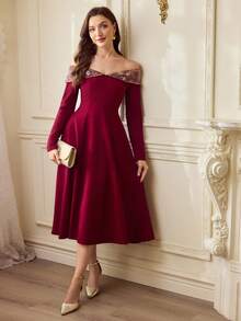 Vintamour 复古经典优雅女士连衣裙，修身露肩刺绣领连衣裙，酒红色长袖连衣裙，秋冬款 - 酒紅色 - 查看 5