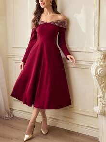 Vintamour 复古经典优雅女士连衣裙，修身露肩刺绣领连衣裙，酒红色长袖连衣裙，秋冬款 - 酒紅色 - 查看 7