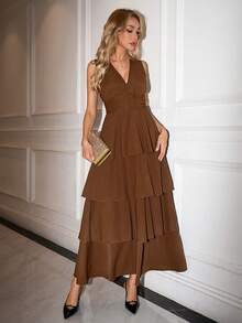 Ellevyn 女士优雅超长蛋糕裙连衣裙，V领松紧腰女神裙，适合派对和活动，秋冬季，棕色 - 棕色 - 查看 8