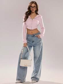 Glamine Women's Fashion Zip-Up Drawstring Cropped Sweatshirt, Pink - Pink - View 3