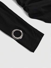 ROMWE J-Fashion Áo thun dài tay hở vai phong cách đường phố Y2K họa tiết đính đá cho nữ - màu đen - Xem 4