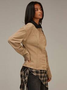 Athîral Women's Casual Beige Denim Jacket Faux Leather Collar ,Long Sleeve Slim Fit Retro Vintage Casual Outerwear - Multicolor - View 5