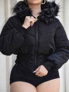 Arliah 女式冬季街头服饰基本款绗缝大衣，配法兰绒帽子 - 黑色 - 查看 5