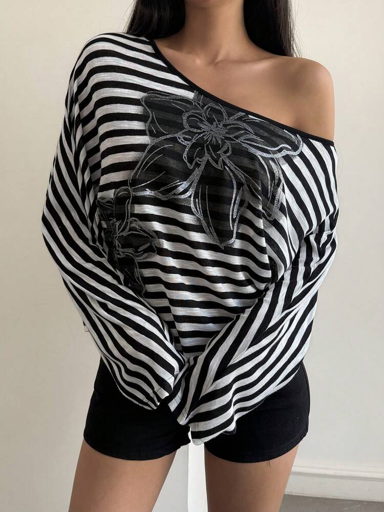 Women's Summer Asymmetrical Shoulder Striped Floral Print Waist Cinched Casual T-Shirt
