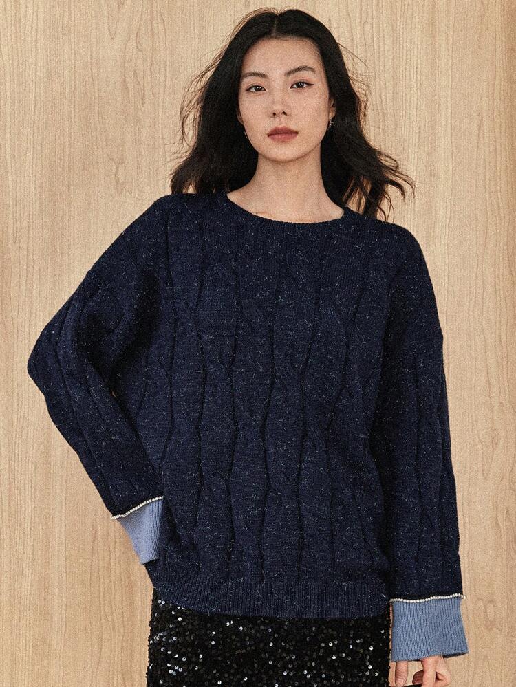 Women's Casual Everyday Commute Dropped Shoulder Loose Cable Knit Sweater, Autumn/Winter