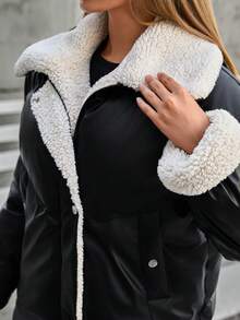 PU Leather Thermal Lined Pockets Turndown Collar Fashionable Long Sleeve Winter Jacket - Black - View 6