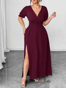 SHEIN Clasi 大码女式纯色V领泡泡袖收腰开衩连衣裙，优雅迷人，春夏款 - 中紫紅色 - 查看 3