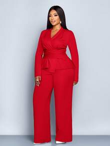 SOLERSUN 这款大码女式优雅纯色V领长袖T恤和阔腿裤两件套，适合春、夏、秋、冬四季穿着，采用不对称下摆和针织弹力面料。休闲日常通勤套装，完美契合情人节、约会、优雅造型、仙气魅力、圣帕特里克节、购物等各种场合。 - 紅色 - 查看 4