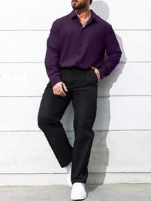 Manfinity Homme Áo sơ mi tay dài màu trơn cỡ lớn dành cho nam, phù hợp để đi làm hàng ngày, mùa xuân/thu - Màu tím - Xem 6