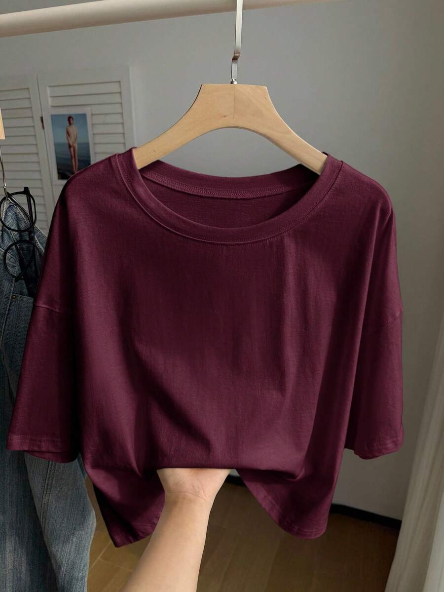 SHEIN EZwear Wine Red Solid Color Dropped Shoulder Casual Plus Size T-Shirt - Burgundy - View 1