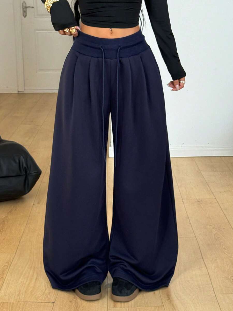 Coolane 女士秋冬街头风外出Y2K极简基础日常休闲宽松低腰阔腿运动裤 - 藏蓝色 - 查看 1