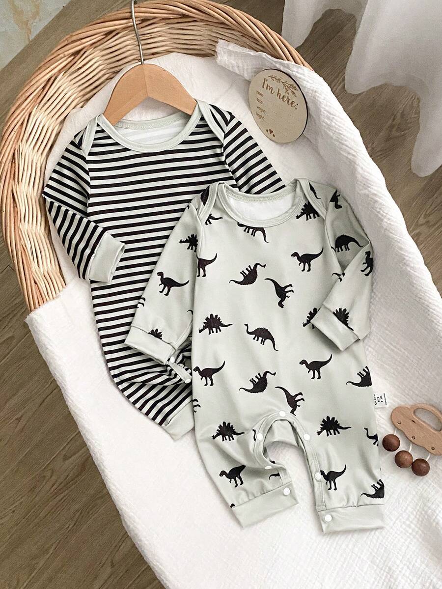 Newborn Baby Pajamas-Newborn One Piece Jumpsuit Crew Neck Long Sleeve Front Snap Dinosaur And Stripe Print Mint And Black White Four Season 2026 New Year Essential