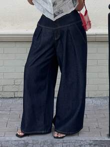 Dazy Plus Quần jean denim ống rộng dáng rộng màu tối, dáng rộng, thanh lịch, thường ngày, phù hợp cho mọi mùa - Rửa tối - Xem 3