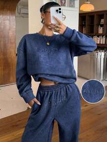 Muchica 女士复古字母刺绣保暖宽松卫衣运动裤套装，藏蓝色，秋冬款 - 寶藍色 - 查看 3