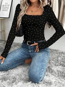 SHEIN LUNE 休闲简约复古优雅通勤百搭保暖黑白波点印花图案，适合秋冬季节，女士圆领褶皱修身长袖T恤打底衫 - 彩色 - 查看 5