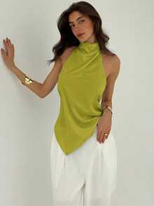 Aloruh Women's Solid Color Halter Backless Asymmetric Hem Sleeveless Top - Olive Green - View 4