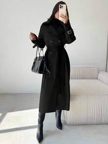 Firerie 女式卡其色翻领仿皮袖收腰双排扣中长款风衣，长袖防风衣，春秋冬，通勤，优雅，日常，工作服 - 黑色 - 查看 7