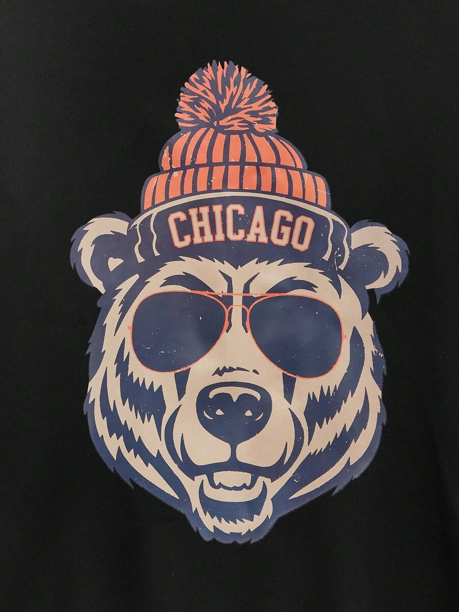 Modcrash 男士休闲宽松圆领卫衣，饰有熊头图案，芝加哥主题设计，适合秋冬春夏穿着 - 黑色 - 查看 1