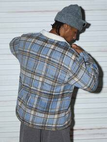 Modcrash 男士时尚格子针织加厚保暖抓绒内衬外套，秋冬款 - 藍色 - 查看 2