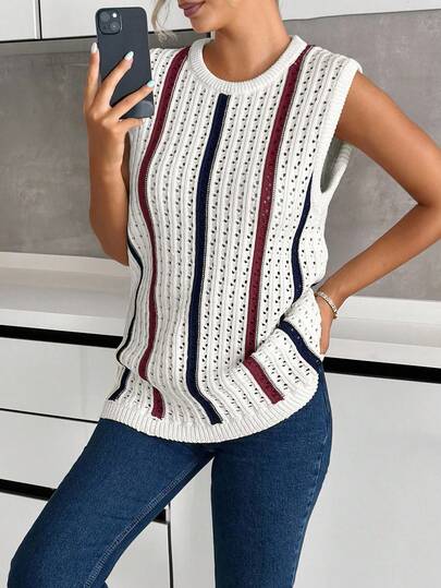 Retro Striped Pointelle Knit Vest – Sleeveless Airy Elegance Knit Top Women Summer Tops Women Sweater Vest For Women Striped Knit Top Womens Knit Vest