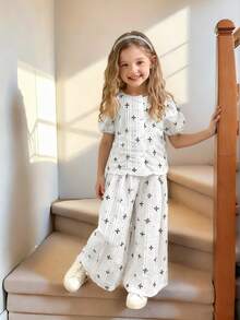 Bộ 2 món/Bộ áo sơ mi chấm bi cổ tròn tay ngắn dễ thương và quần ống rộng cho bé gái, phù hợp cho mùa xuân/hè - trắng - Xem 1