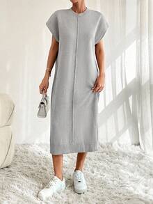 EURMUSE Solid Button Detail Batwing Sleeve Sweater Dresss - Grey - View 7