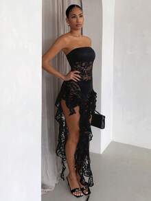 SHEIN Glamour Đầm dự tiệc ôm sát không tay ren gợi cảm xẻ tà cao màu trơn ôm sát kèm quần legging cho nữ - màu đen - Xem 3