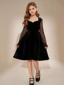 Tween Girls' Halloween Long Sleeve Lace Trim Black Dress - Black - View 6