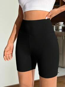 SHEIN EZwear 夏季純色收腹運動騎行短褲