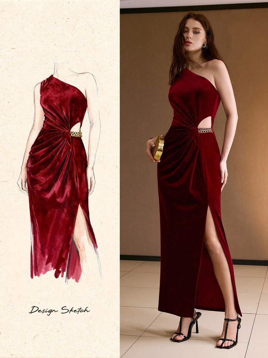 MOTF PREMIUM VELVET ONE SHOULDER HOLLOW-OUT METAL CHAIN DECOR SLIT DRESS, AUTUMN/WINTER PARTY - Burgundy - View 2