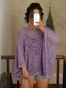 Travachic 大码时尚纯色镂空蝙蝠袖毛衣，秋冬女装 - 紫色 - 查看 3