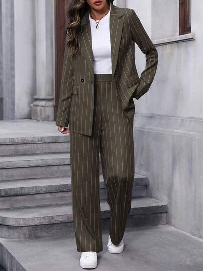 EMERY ROSE Women's Striped Lapel NeckLong Sleeve Jacket And Pants, Casual Commuter Suit Women Suits Woman Suit Business Casual Woman Two Pieces Outfits Blazer Set For Women