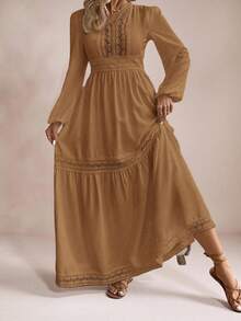 Freevana Plus Size Solid Color Lace Patchwork Ruffle Hem Long Sleeve Dress - Khaki - View 4