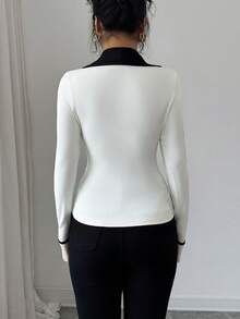 Elenzga Áo len dệt kim chắp vá màu đen trắng cao cấp thanh lịch có eo thắt chặt - Màu be - Xem 2