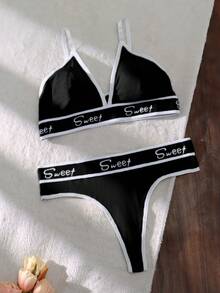 Yoga Letter Tape Contrast Binding Bra & Panty Lingerie Set Sports