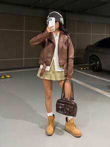 StreetHx Damska kurtka motocyklowa z długim rękawem i zamkiem błyskawicznym, casualowa, skórzana, w stylu retro - Brązowy - Zobacz 3