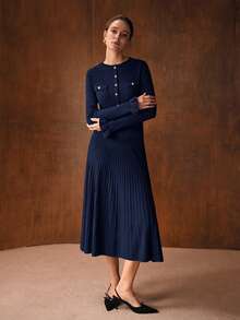 MOTF PREMIUM 2PCS WOOL BLEND FITTED TOP & A-LINE MIDI SKIRT SWEATER SET, AUTUMN/WINTER - Navy Blue - View 4