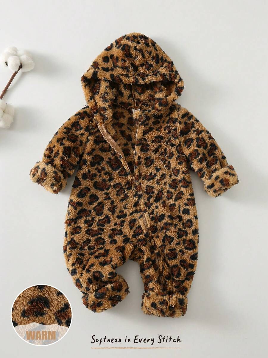 Cozy Pixies Baby Girls Cartoon Animal Leopard Print Thermal Lined Hooded Zip-Up Long Sleeve Jumpsuit, Suitable For Winter - Khaki - View 1
