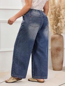 EMERY ROSE 大码女式街头休闲深蓝色复古无弹直筒牛仔裤 - 深色水洗藍 - 查看 2