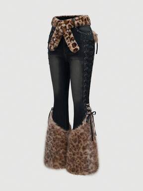 Goth Vintage Retro Light Color Patchwork Faux Fur Leopard Print Denim Jeans