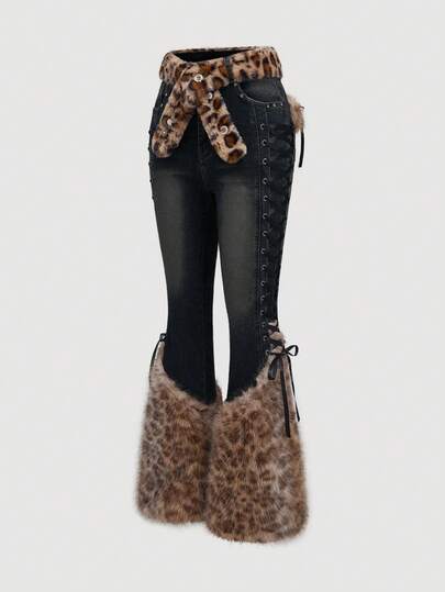 Goth Vintage Retro Light Color Patchwork Faux Fur Leopard Print Denim Jeans