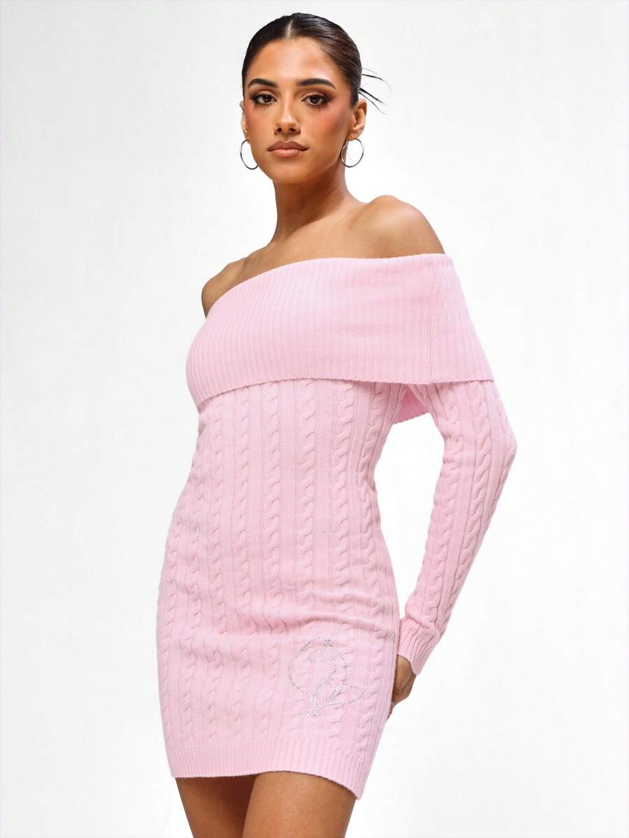 BABYPHAT Vestido de suéter mini de manga larga con hombros descubiertos y tejido de cable con detalle de doblez para ocasiones casuales de otoño e invierno - Rosa - Ver 1