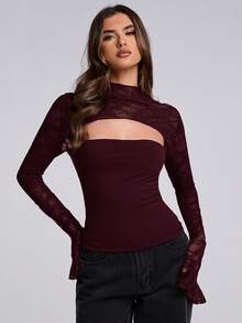 SHEIN BAE 女士纯色蕾丝拼接立领镂空长袖衬衫 - 紫紅色 - 查看 6