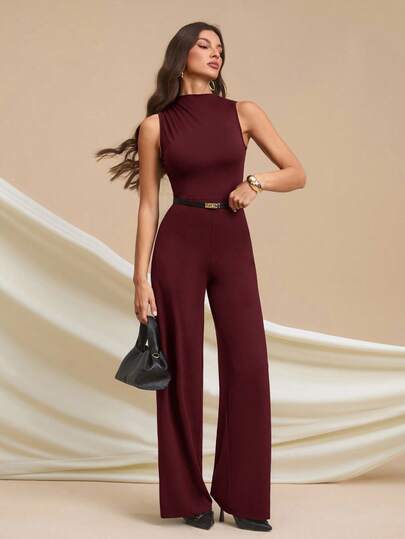 SHEIN Tall Mono elegante sin mangas con pliegues en negro sólido, sexy y versátil para uso diario, citas, salidas, fiestas, reuniones - Mono de pierna ancha asimétrico, adecuado para el Día de San Valentín, uso diario, mujeres altas
