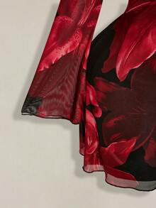 SHEIN ICON Váy thu cỡ lớn cho nữ, Váy dài tay cho nữ, Váy lễ hội tay kèn lưới hoa lớn cổ điển Y2k mặc hàng ngày - Đỏ - Xem 7